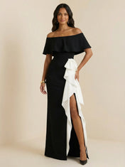 Black & White Off-Shoulder Crepe Sheath Gown with Contrast Ruffle Overlay & High Slit