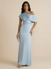 Off-Shoulder Draped Sheath Evening Gown with Asymmetric Wrap Neckline