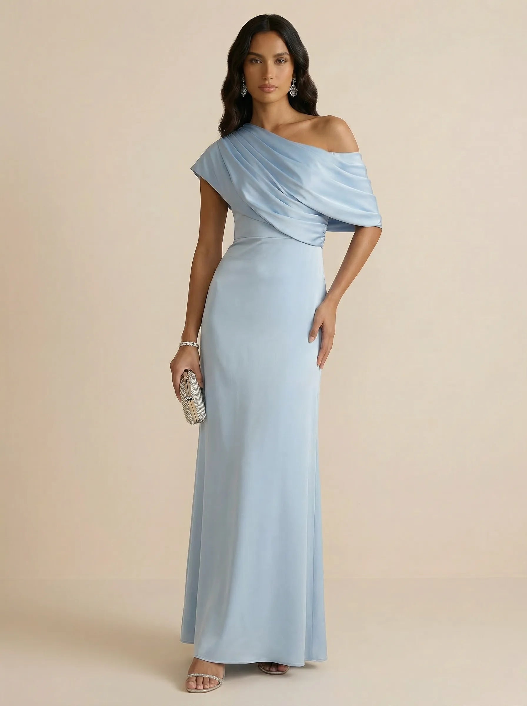 Off-Shoulder Draped Sheath Evening Gown with Asymmetric Wrap Neckline