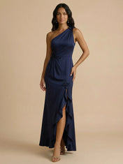 Navy Blue One-Shoulder Satin Sheath Gown with Floral Rosette Accent & Ruffle High-Slit