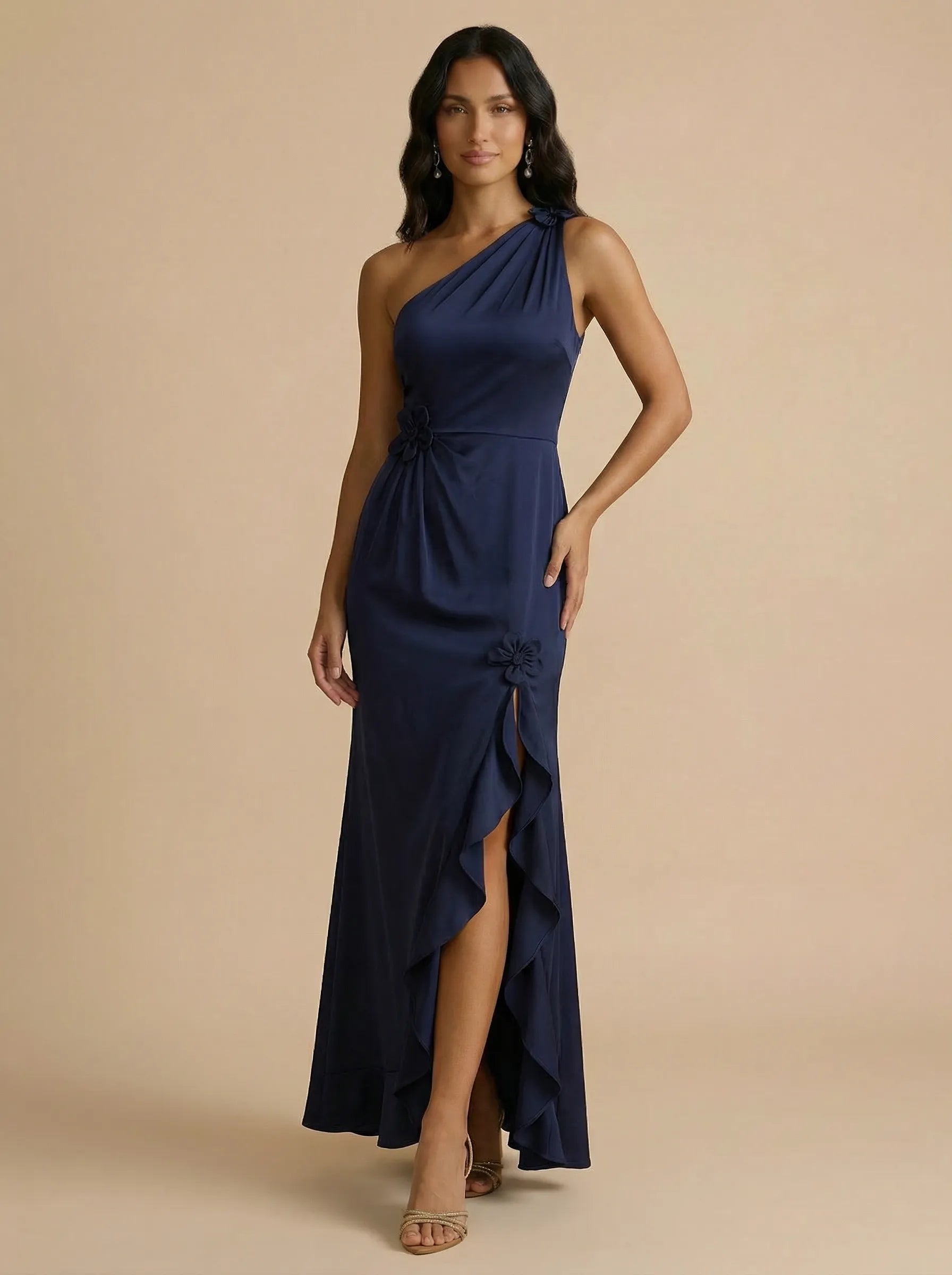 Navy Blue One-Shoulder Satin Sheath Gown with Floral Rosette Accent & Ruffle High-Slit