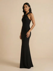 Black Halter Neck Column Evening Gown with 3D Floral Rosette Collar Detail