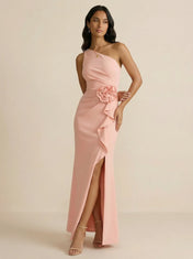 Dusty Rose One-Shoulder Crepe Evening Gown with 3D Rosette & Ruffle Side Slit