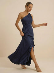 Navy Blue One-Shoulder Satin Sheath Evening Gown with 3D Floral Rosette & Cascading Ruffle High Slit