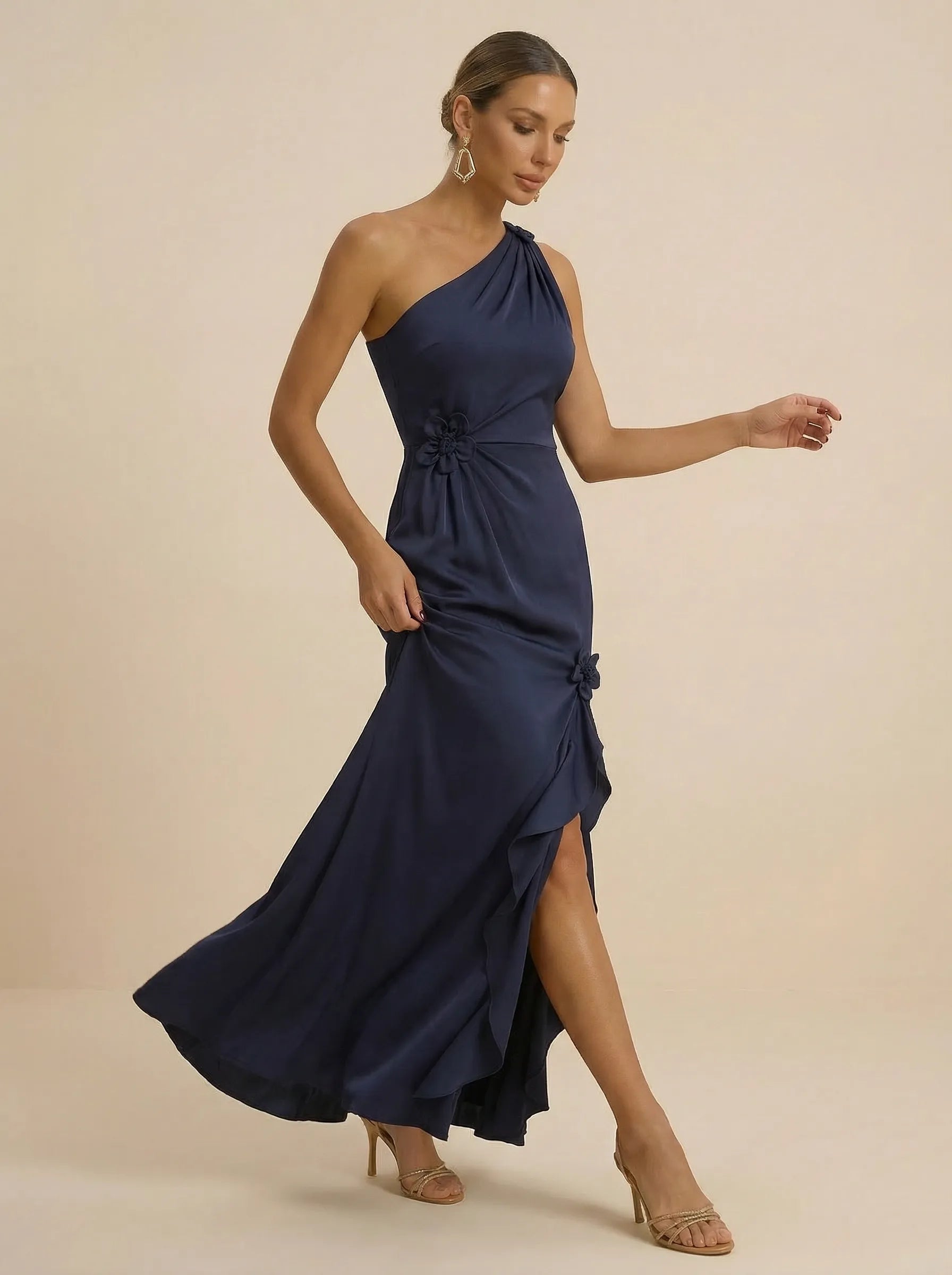 Navy Blue One-Shoulder Satin Sheath Evening Gown with 3D Floral Rosette & Cascading Ruffle High Slit