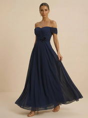 Navy Blue Off-the-Shoulder Chiffon A-Line Evening Gown with Floral Rosette Detail