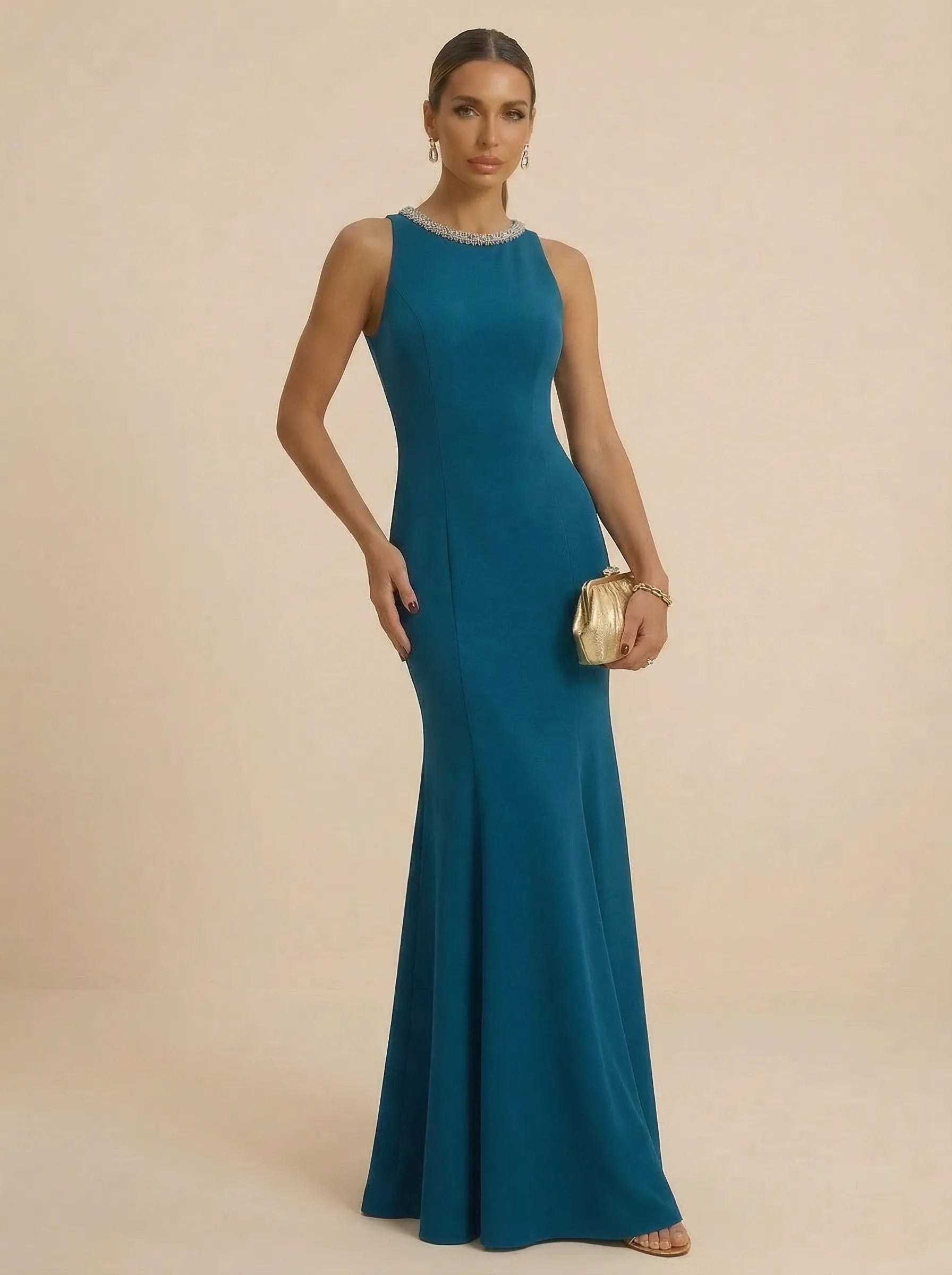 Teal Beaded Halter Neck Mermaid Evening Dresses