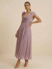 Mauve Draped Cowl Neck Pleated Chiffon Evening Dress with Floral