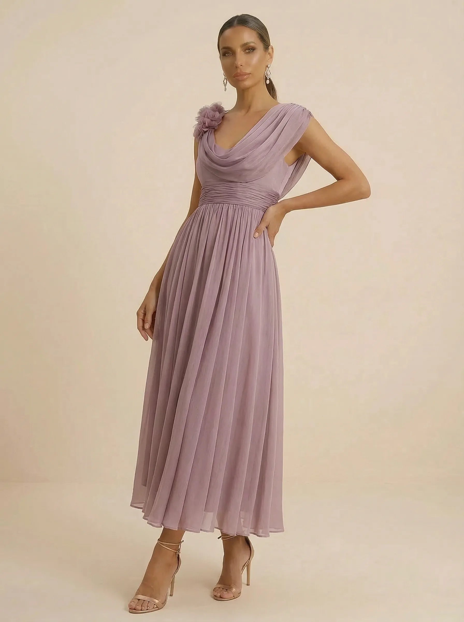 Mauve Draped Cowl Neck Pleated Chiffon Evening Dress with Floral