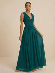 Teal Pleated V-Neck Chiffon Evening Gown with Ruched