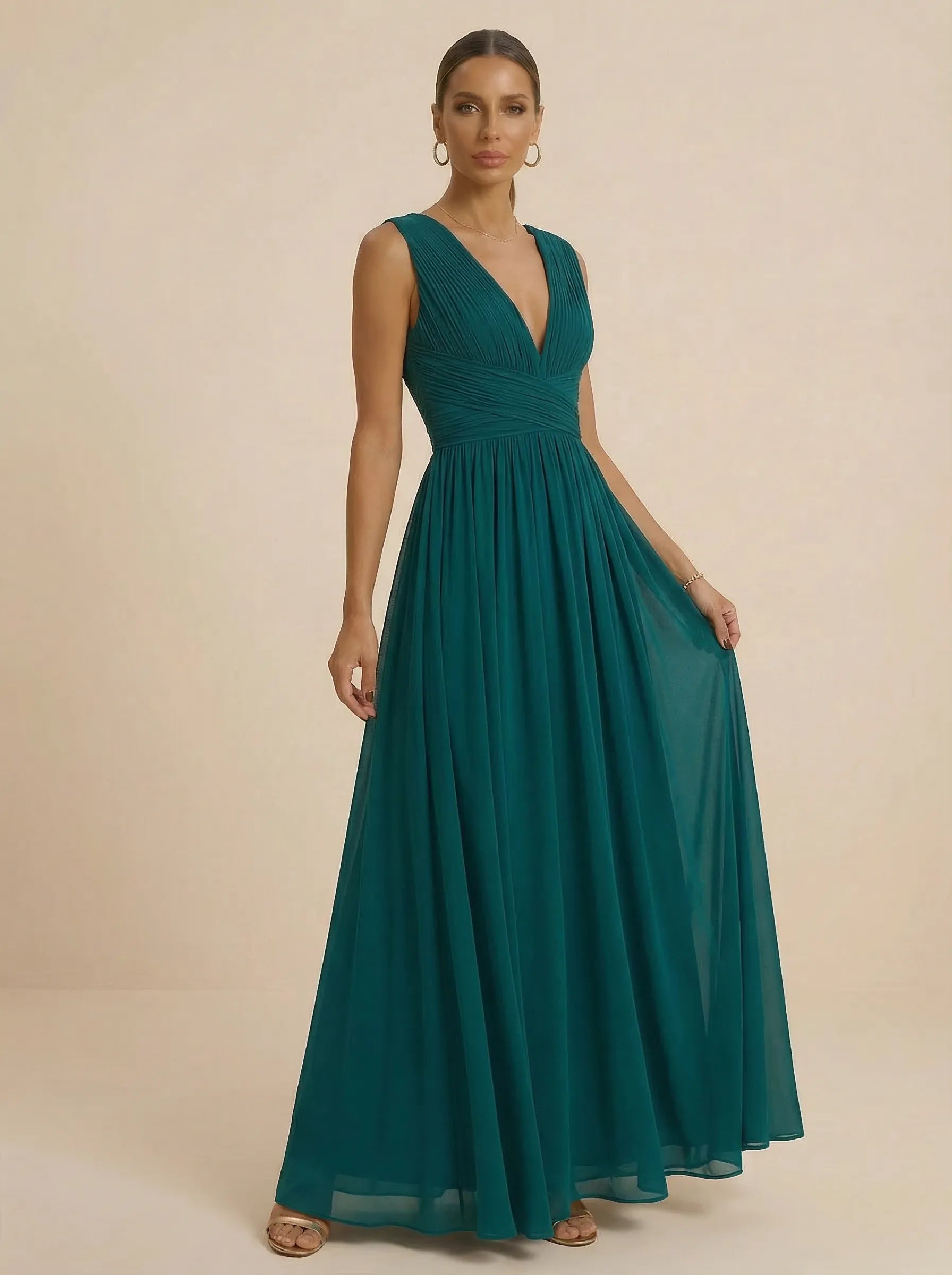 Teal Pleated V-Neck Chiffon Evening Gown with Ruched