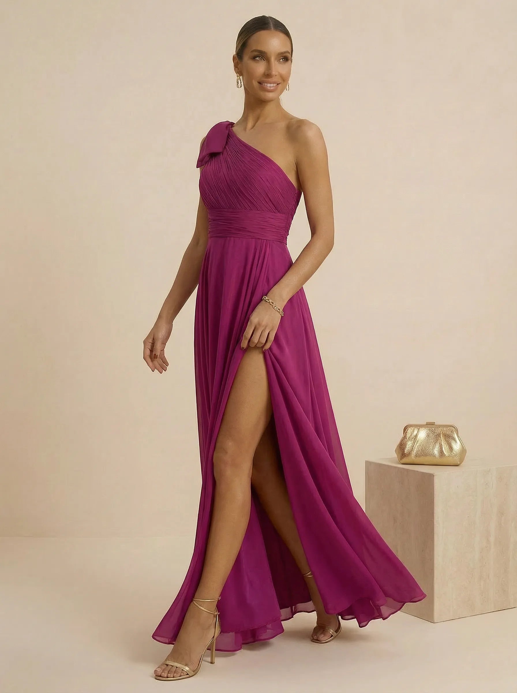 Elegant Fuchsia Off-Shoulder Pleated Mermaid Gown with High Slit