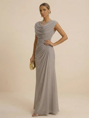 Dusty Grey Draped Cowl Neck Ruched Chiffon Evening Dresses