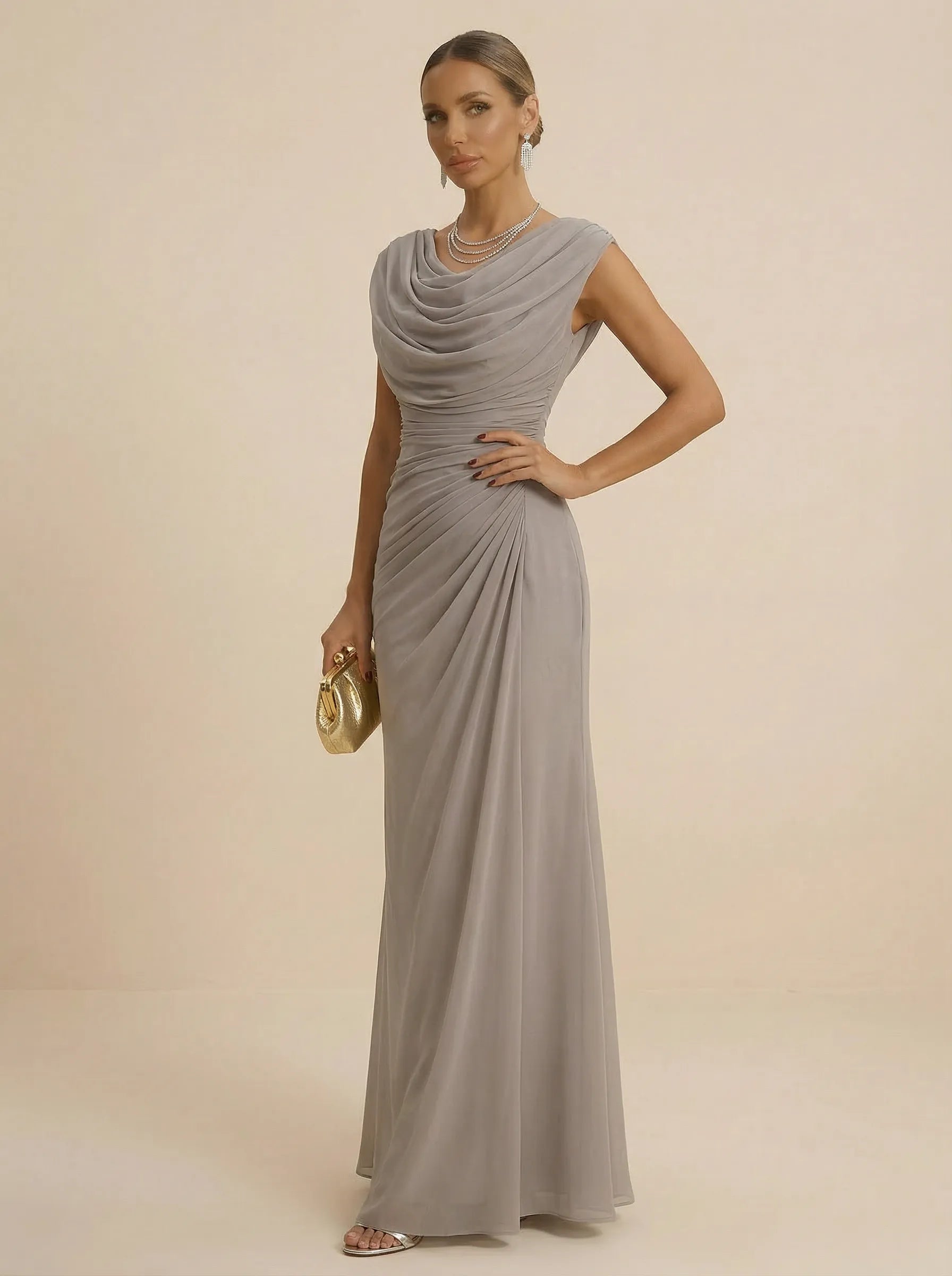 Dusty Grey Draped Cowl Neck Ruched Chiffon Evening Dresses