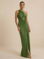 Elegant One Shoulder Green Pleated Chiffon Evening Gown with Split