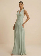 Sage Green Halter Neck Pleated Chiffon Evening Gown with Ruched