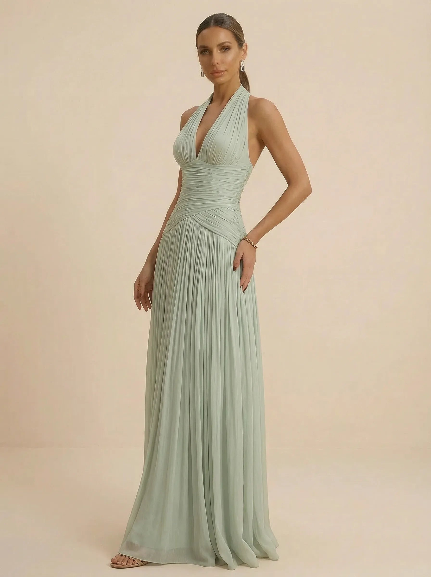 Sage Green Halter Neck Pleated Chiffon Evening Gown with Ruched