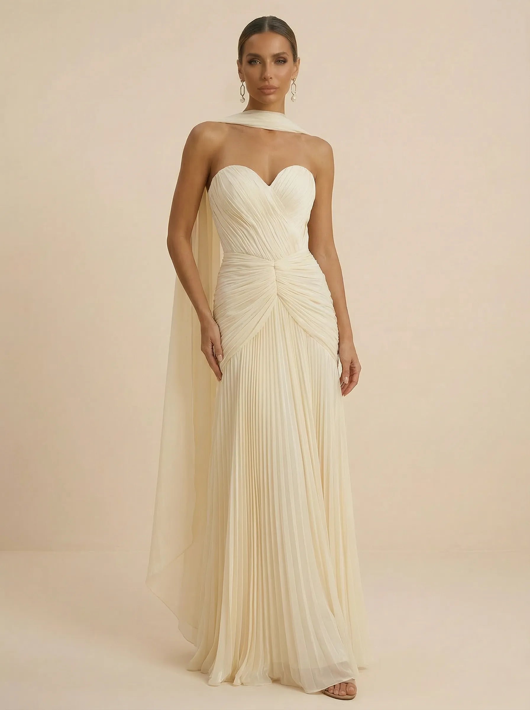 Sweetheart Strapless Pleated Chiffon Evening Gown with Scarf