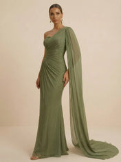Sage Green One Shoulder Beaded Evening Gown with Cape Sleeve