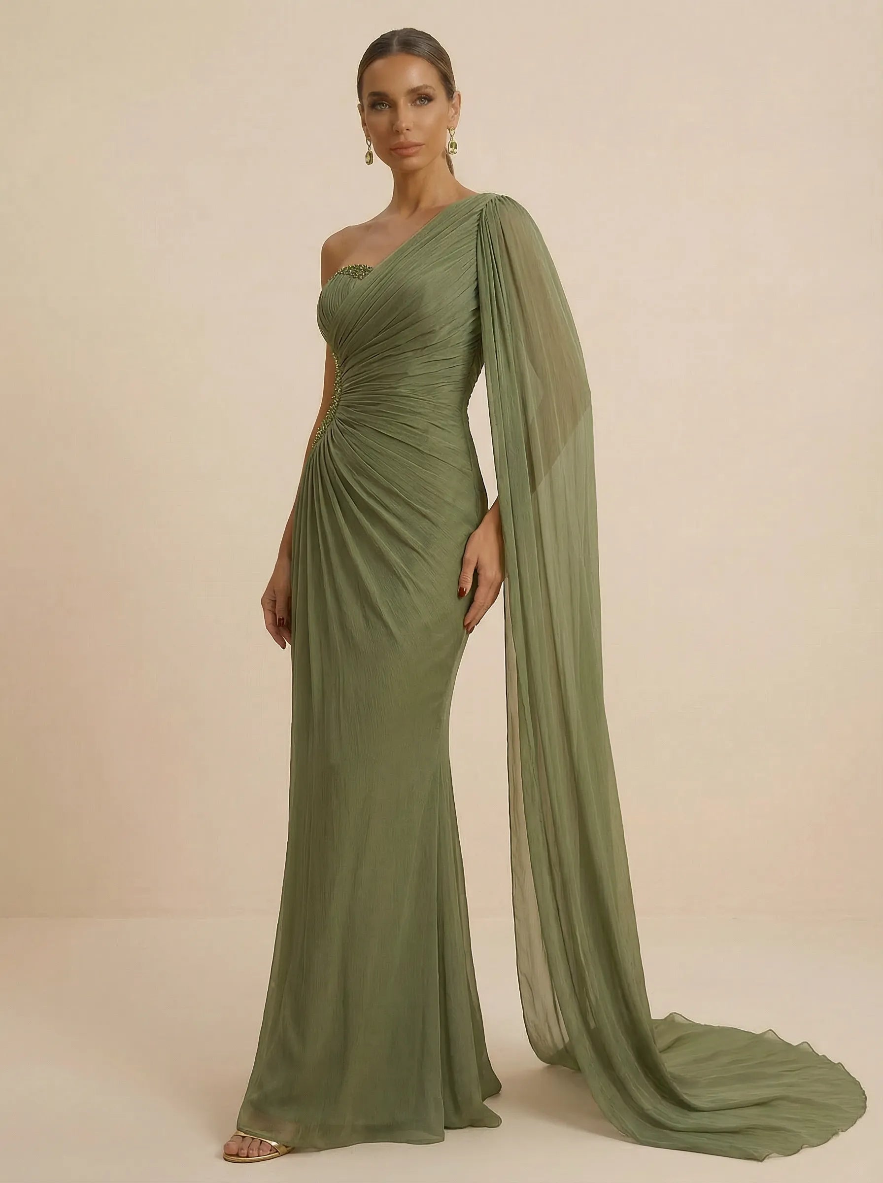 Sage Green One Shoulder Beaded Evening Gown with Cape Sleeve