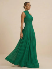 Green Halter Neck Metallic Pleated Evening Gown with Split