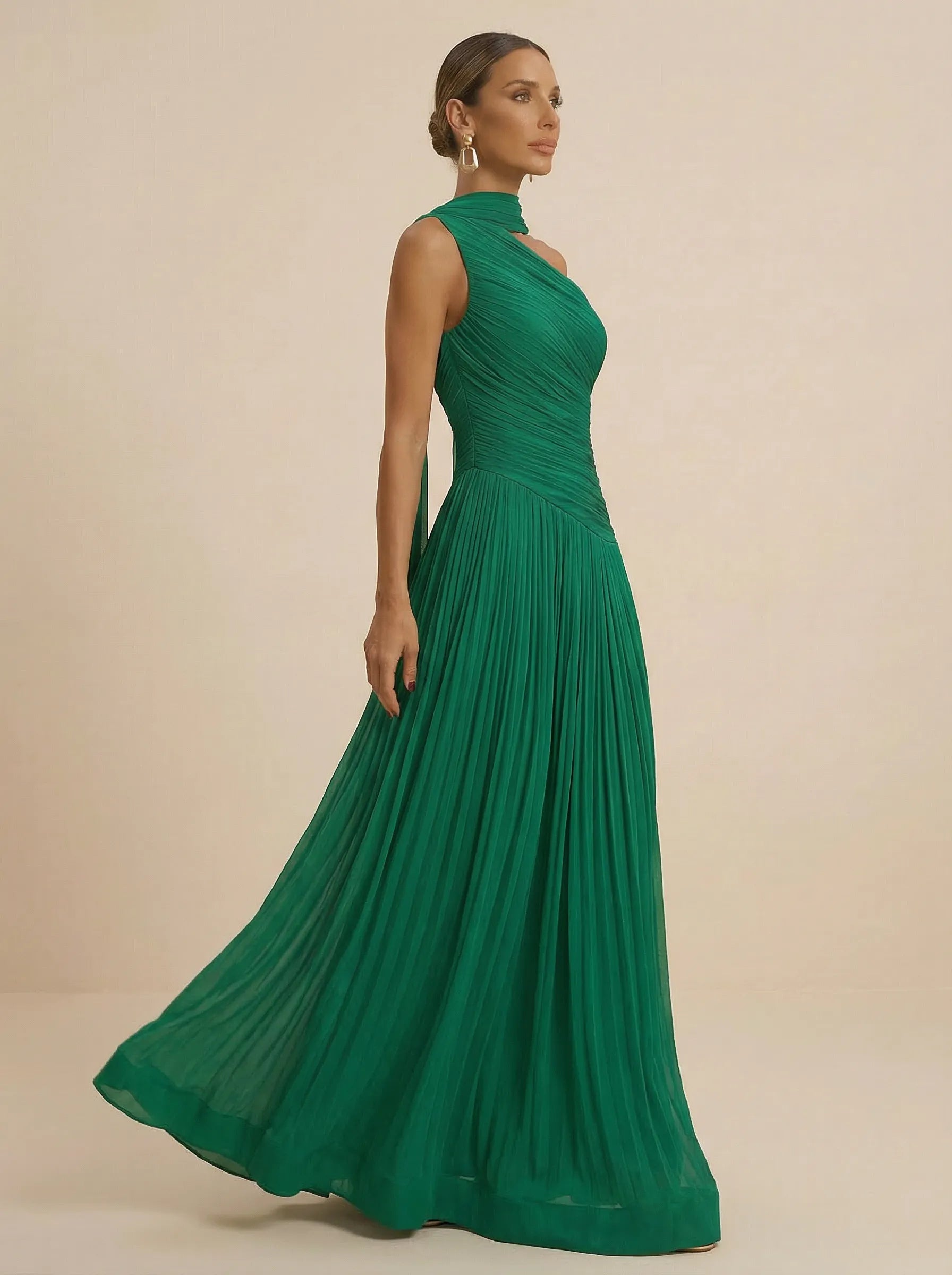 Green Halter Neck Metallic Pleated Evening Gown with Split