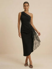 Black One Shoulder Lace Ruffle Midi Evening Dress with Slit