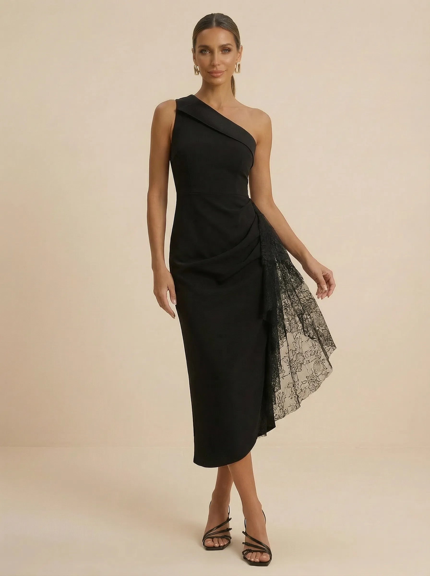 Black One Shoulder Lace Ruffle Midi Evening Dress with Slit