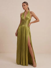 Sage Green Halter Neck Pleated Chiffon Evening Gown with Waist