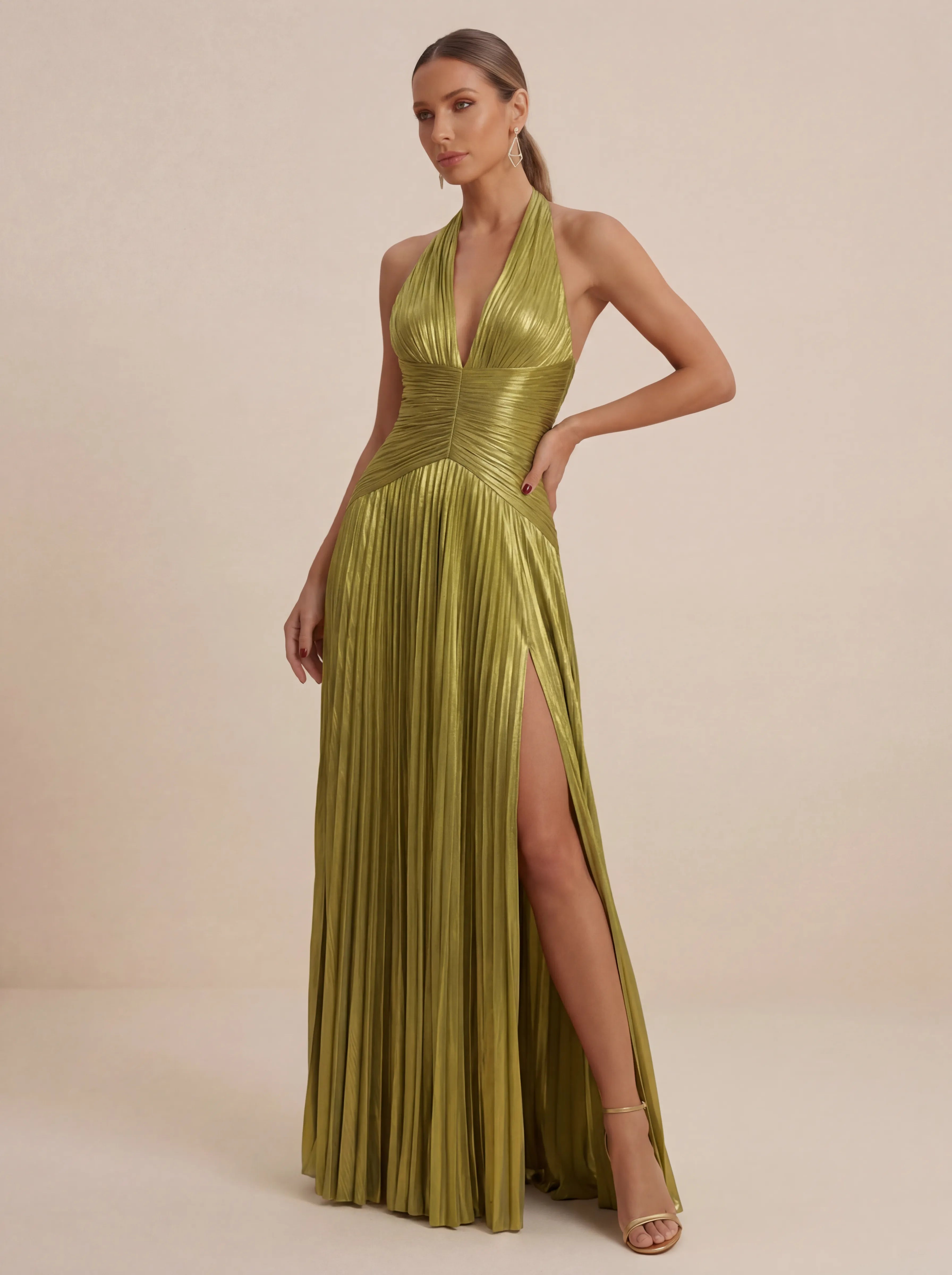 Sage Green Halter Neck Pleated Chiffon Evening Gown with Waist
