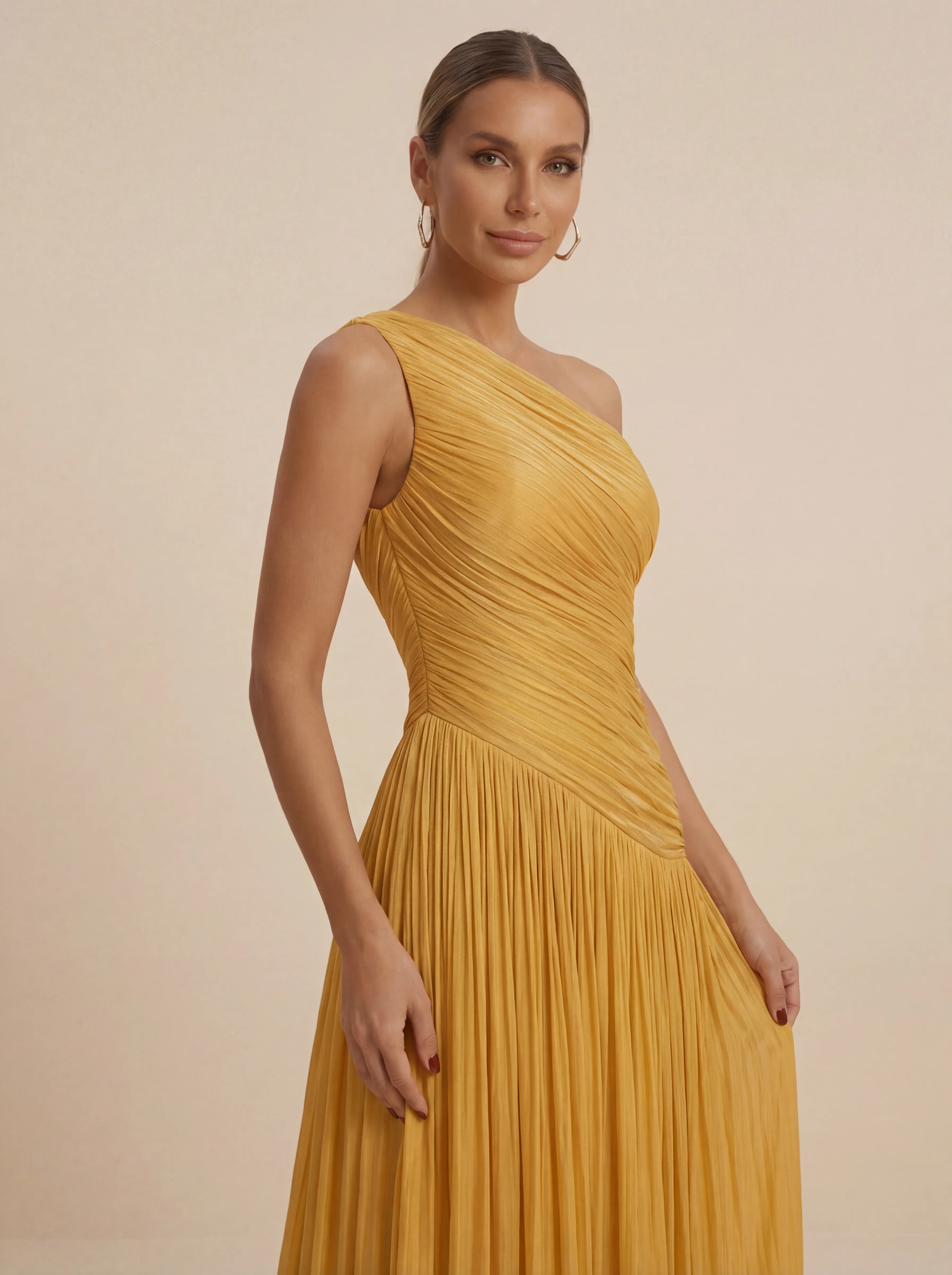 Mustard Yellow One Shoulder Pleated Evening Gown with Ruched