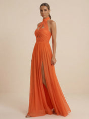 Orange Halter Neck Chiffon Cut-out Evening Gown with Slit