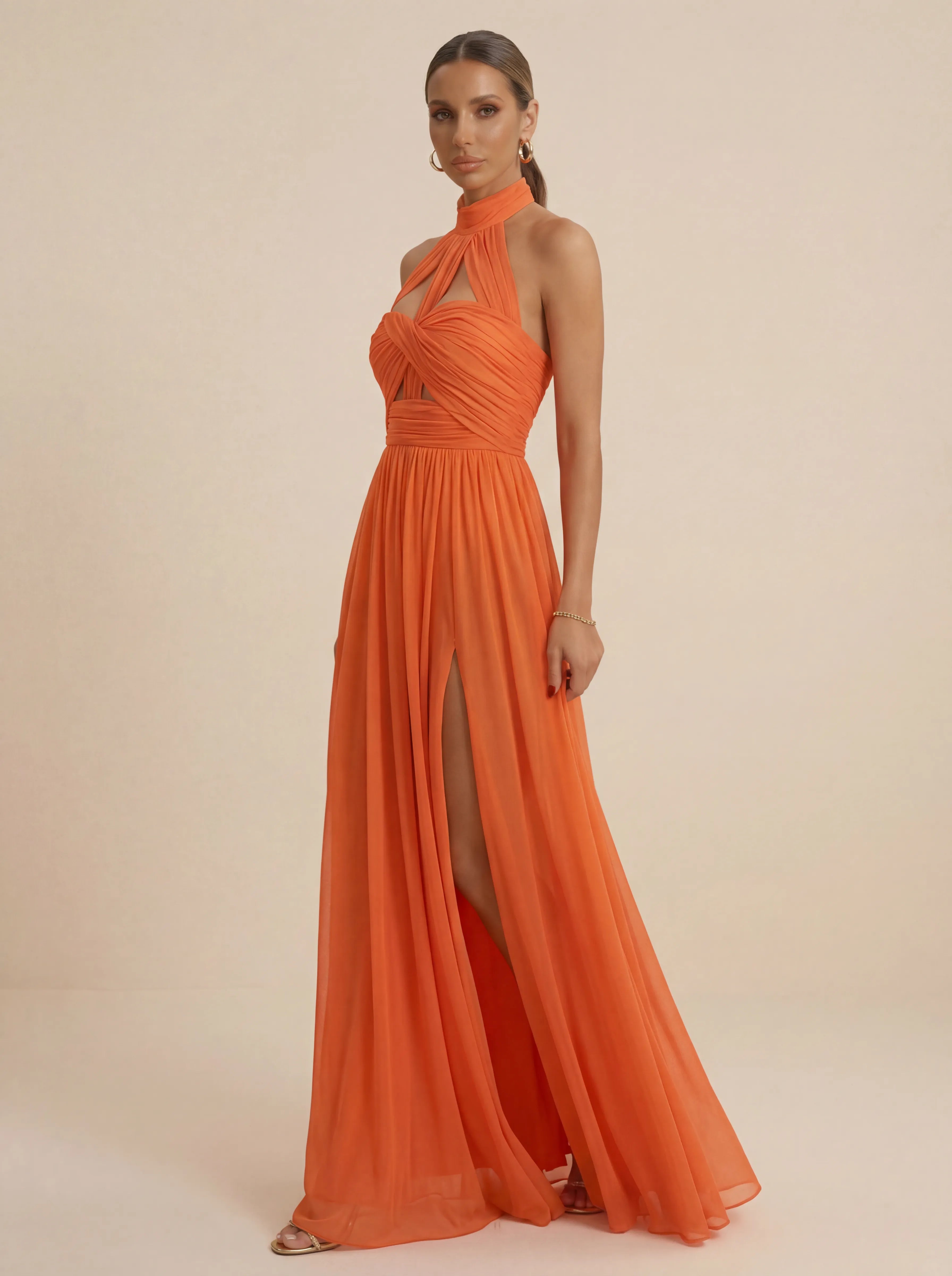 Orange Halter Neck Chiffon Cut-out Evening Gown with Slit