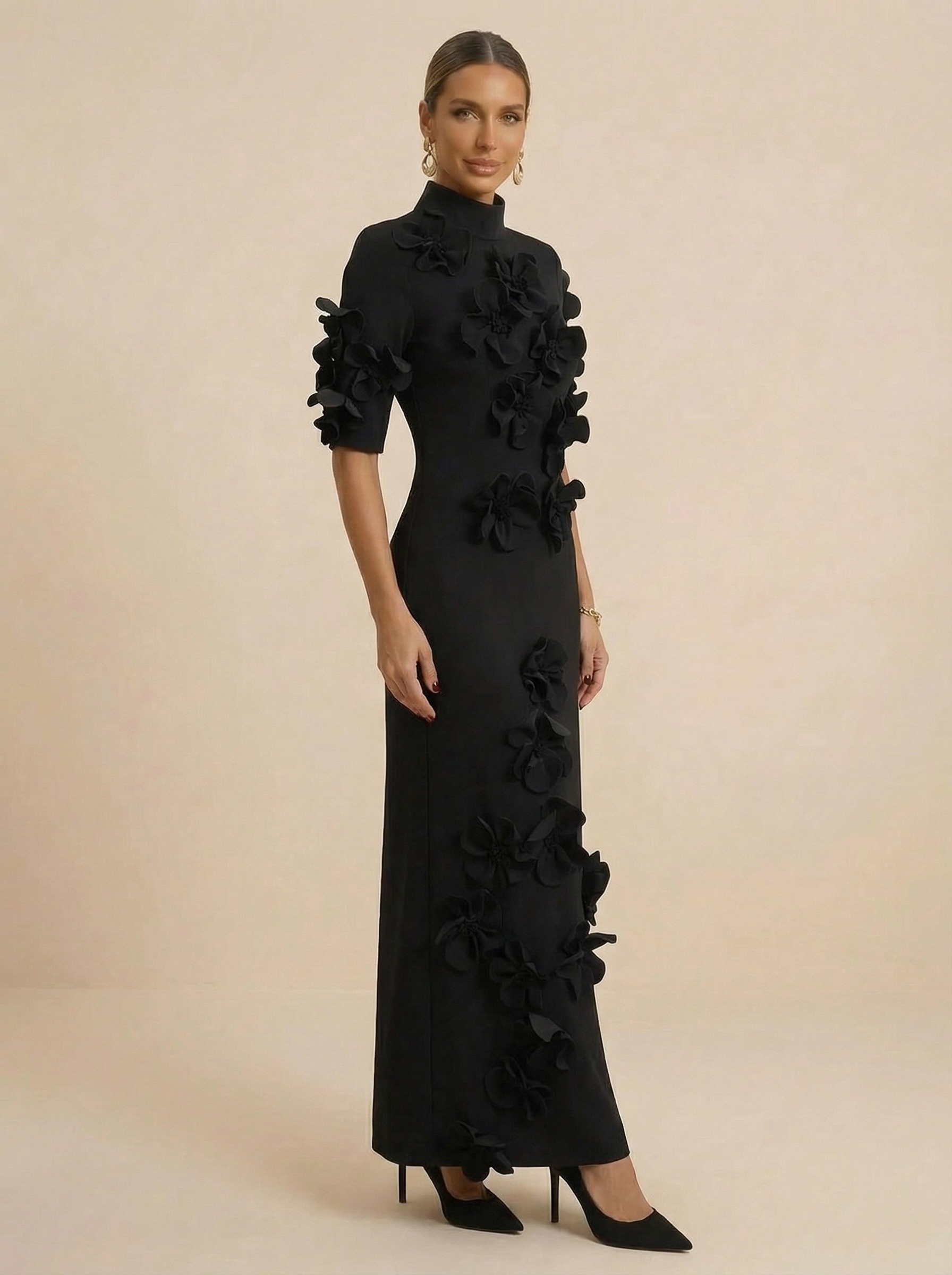 Black Short Sleeves High Neck Evening Gown with 3D Floral Appliques