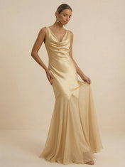 Champagne Gold Cowl Neck Satin  Mermaid Evening Gown with Tulle