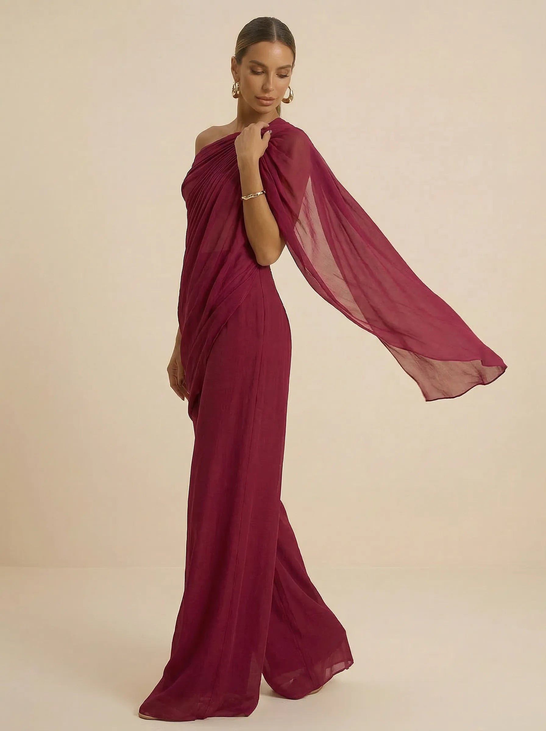 Wine Red One Shoulder Jumpsuit Evening Dress with Pleated
