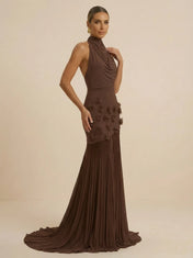 Brown Cowl Halter Neck Evening Gown with 3D Floral