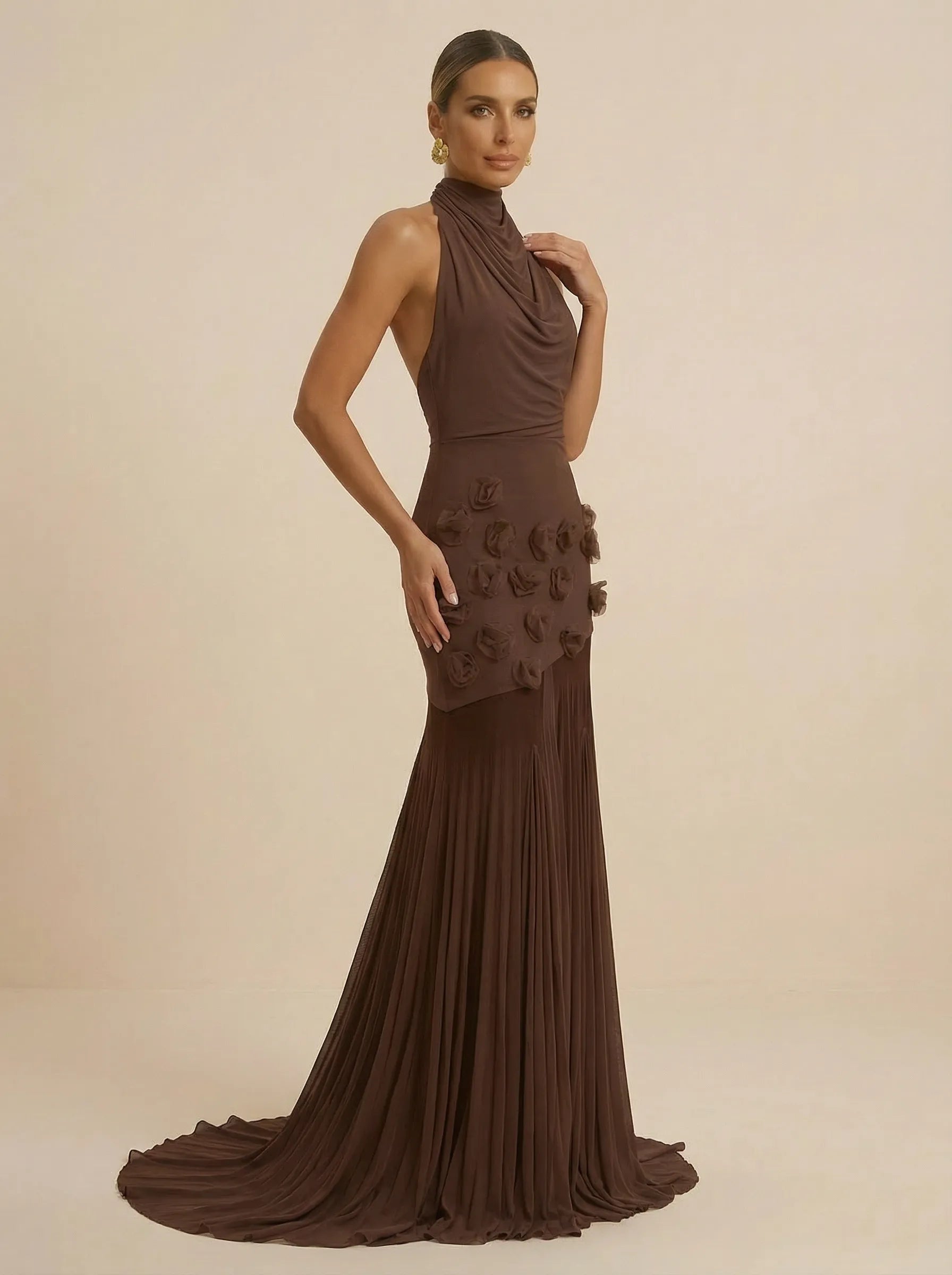 Brown Cowl Halter Neck Evening Gown with 3D Floral