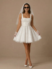 Square Neck Sparkly White Sequin Mini Bridal Dress with 3D Appliques