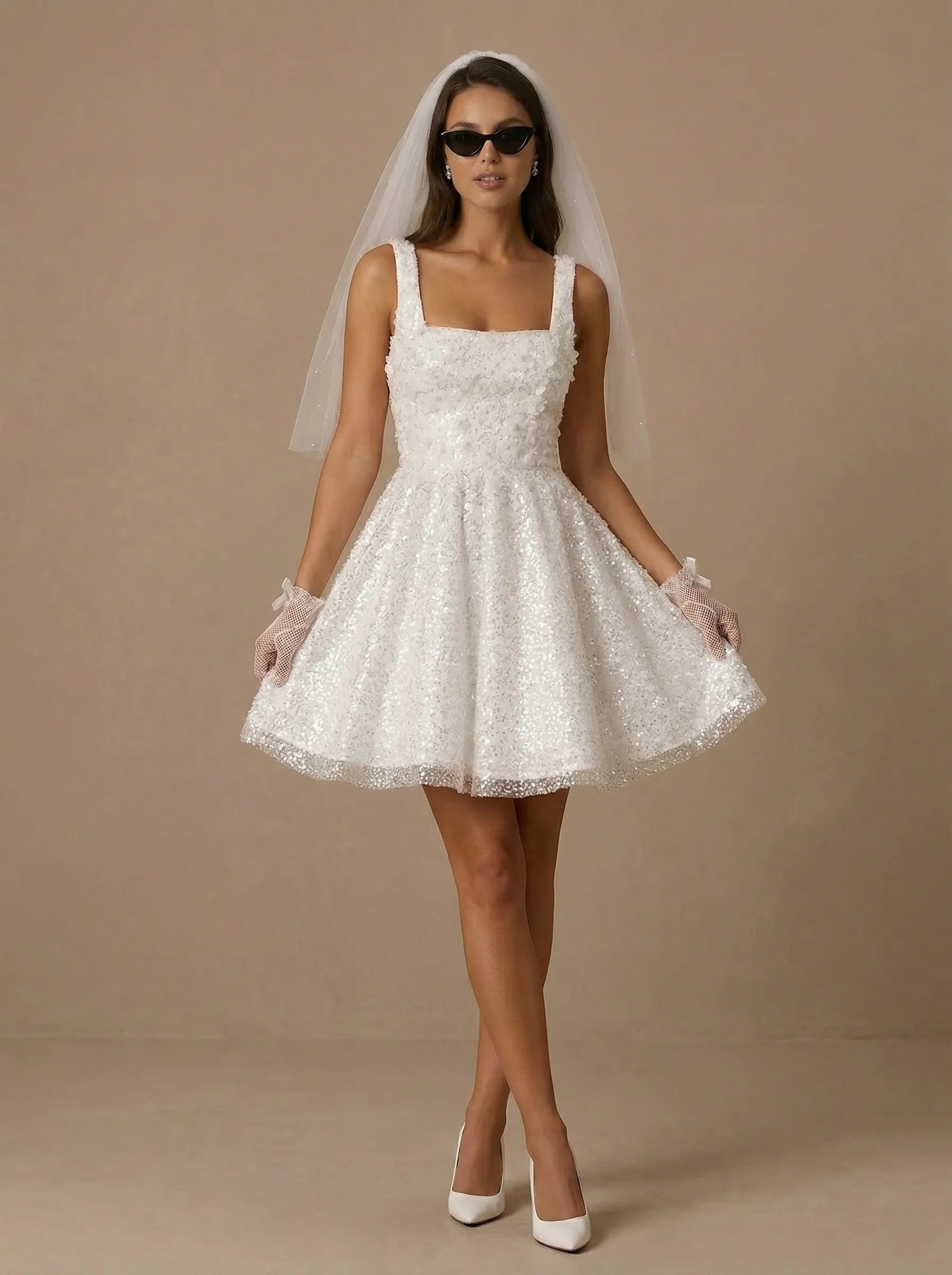 Square Neck Sparkly White Sequin Mini Bridal Dress with 3D Appliques