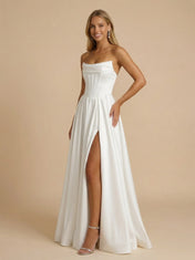 White Strapless Satin Corset Pleated A-Line Wedding Dress with Slit