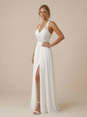 White Halter Neck Lace Wedding Dress with High Slit