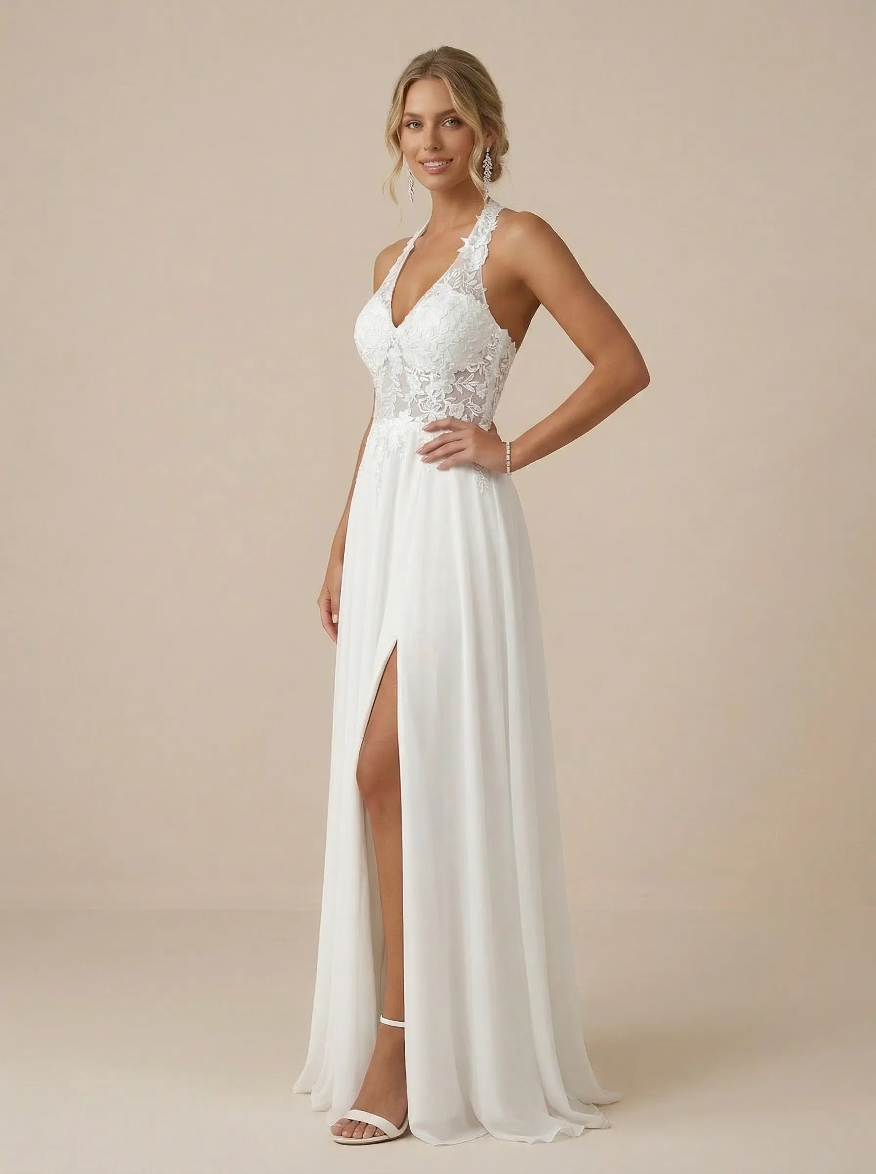 White Halter Neck Lace Wedding Dress with High Slit
