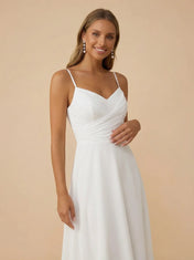 White Spaghetti Strap Chiffon V-Neck A-Line Midi Wedding Dress with Pleat