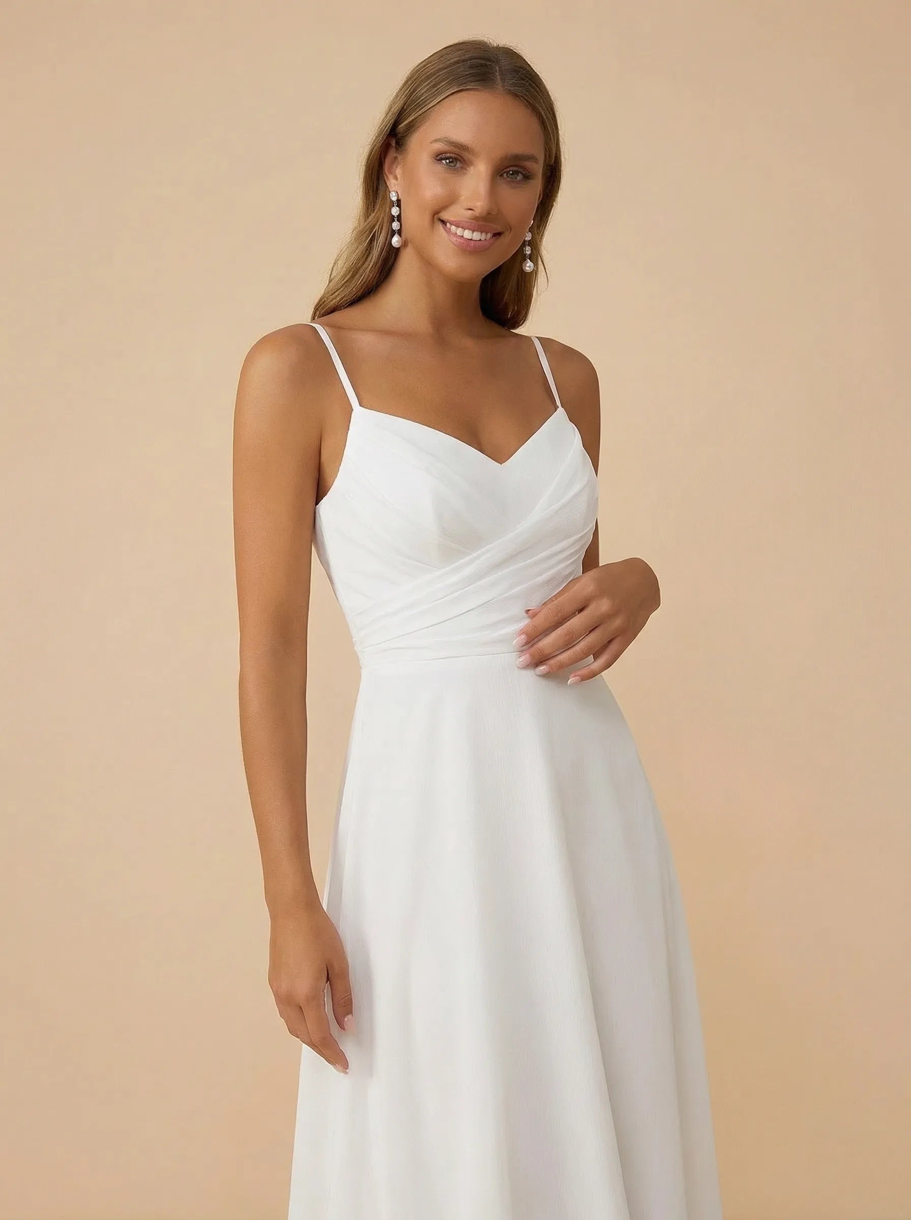 White Spaghetti Strap Chiffon V-Neck A-Line Midi Wedding Dress with Pleat