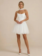 White Strapless Tulle Scarf Mini Wedding Dress with Corset