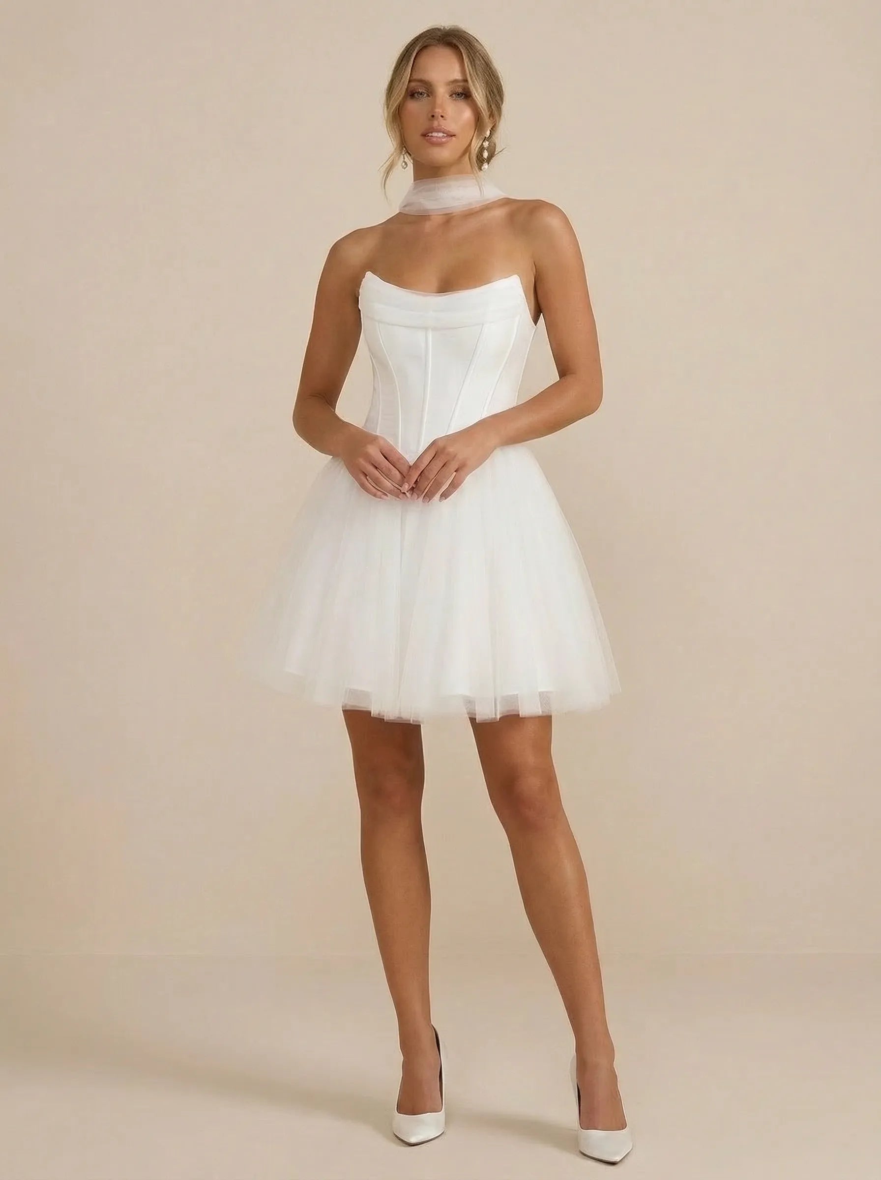 White Strapless Tulle Scarf Mini Wedding Dress with Corset