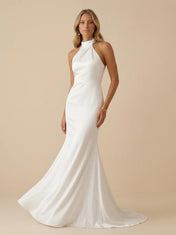 White Halter Neck Satin High Neck Mermaid Wedding Dress