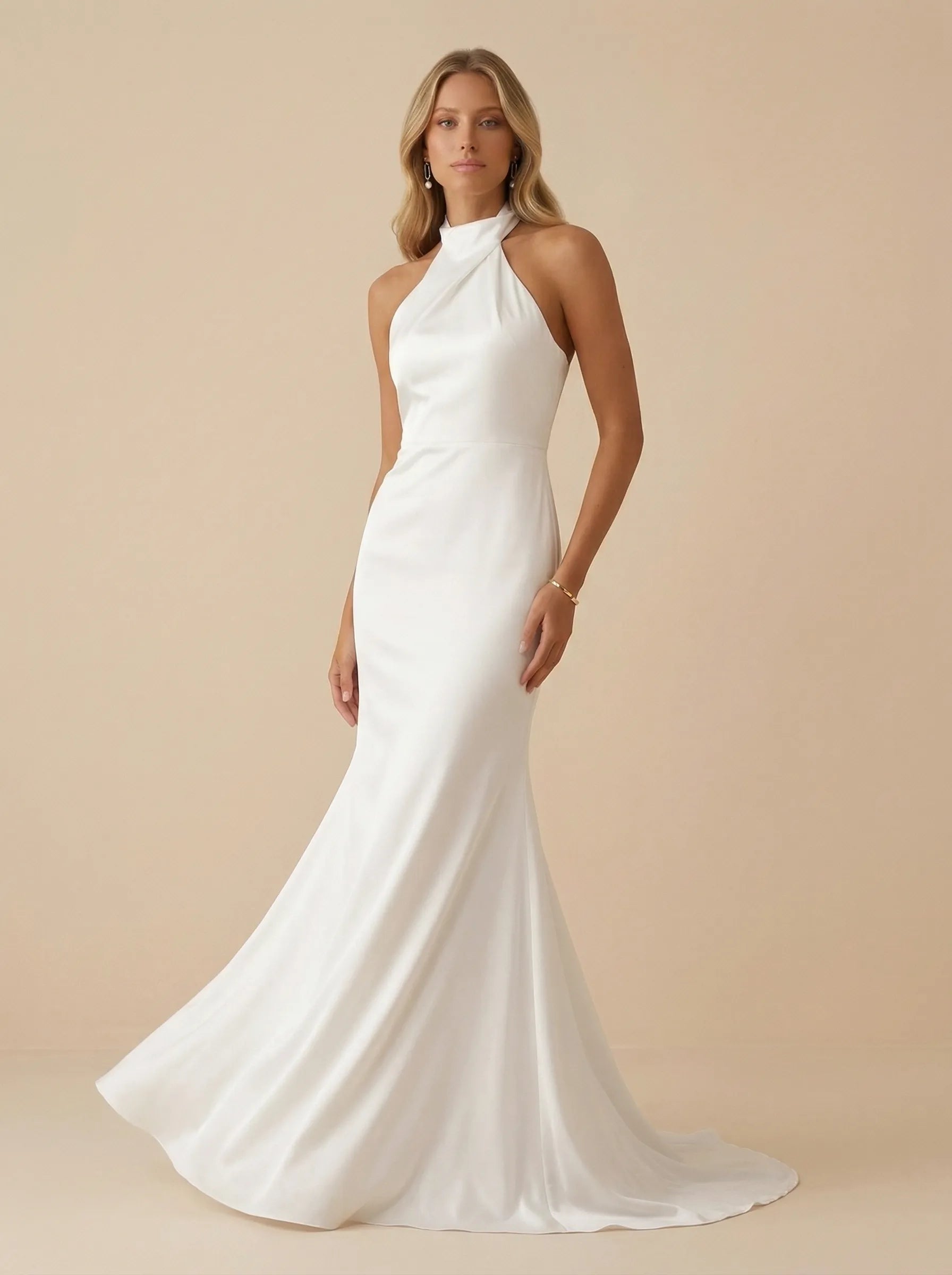 White Halter Neck Satin High Neck Mermaid Wedding Dress