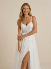 White Spaghetti Strap Lace Tulle A-Line Bridal Gown with Slit
